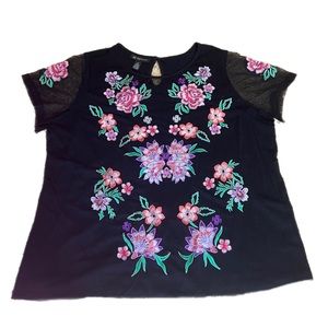 INC Floral Top Black Colorful Blouse Embroidered Flutter Sleeve Keyhole Sz 2X